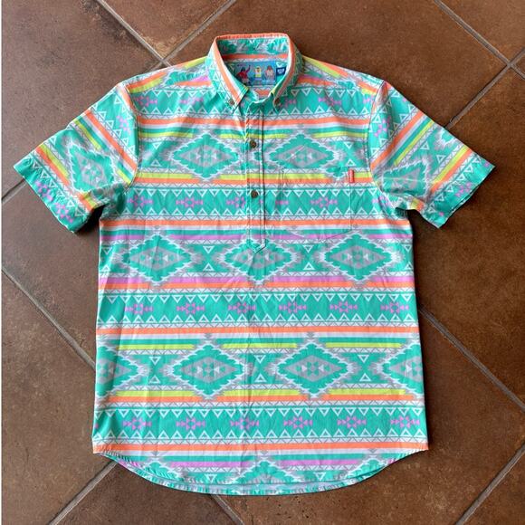 Chubbies Mens Neon and Pastel Aztec Print Short Sleeve Collared Shirt size M - Picture 8 of 8
